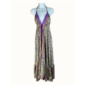 Vintage Silk Sari Halter Open Back Tassel Tie Paisley Boho Dress In Purple Sz S